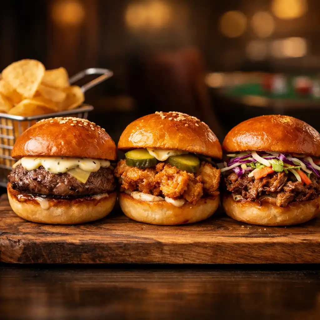 Three gourmet sliders on a wooden board with a side of chips