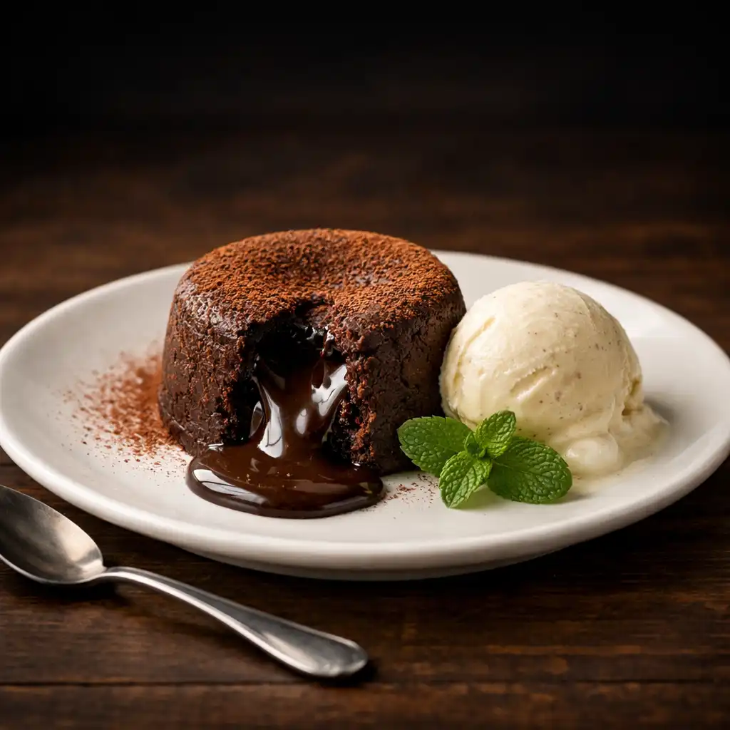 Dark chocolate fondant with molten center and vanilla bean ice cream