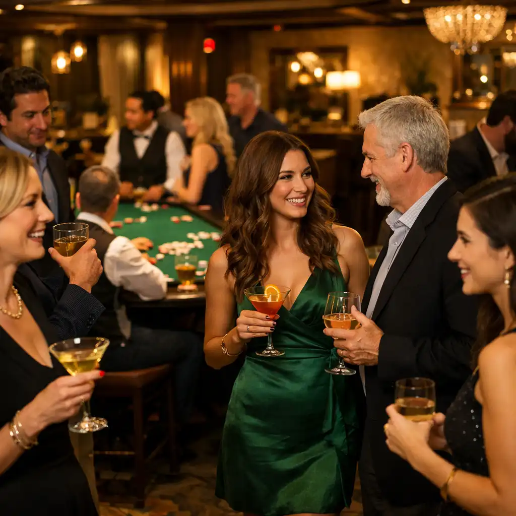Lively private event with guests mingling and a poker table in the background