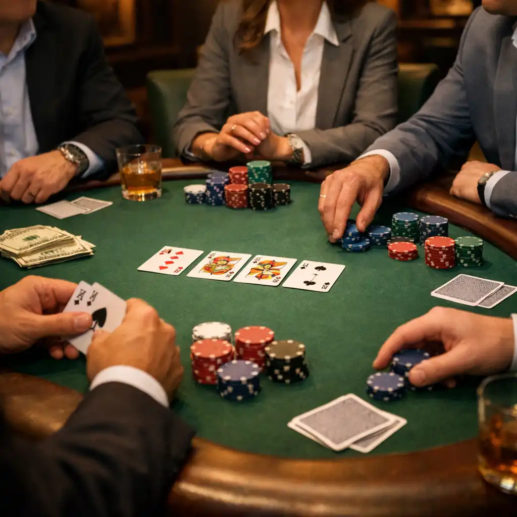 Corporate group playing poker at a premium table with chips and cards