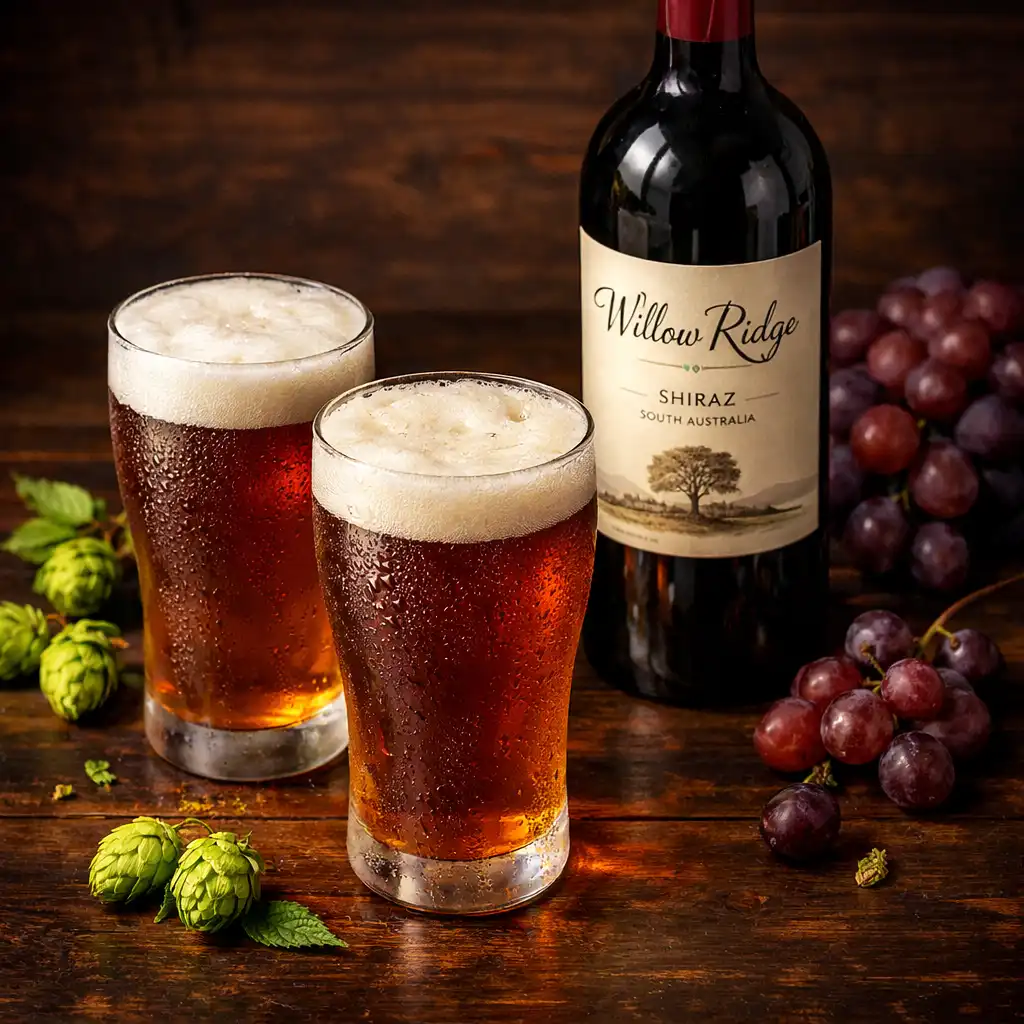 Craft beer glasses and a bottle of Australian red wine on a dark wooden table