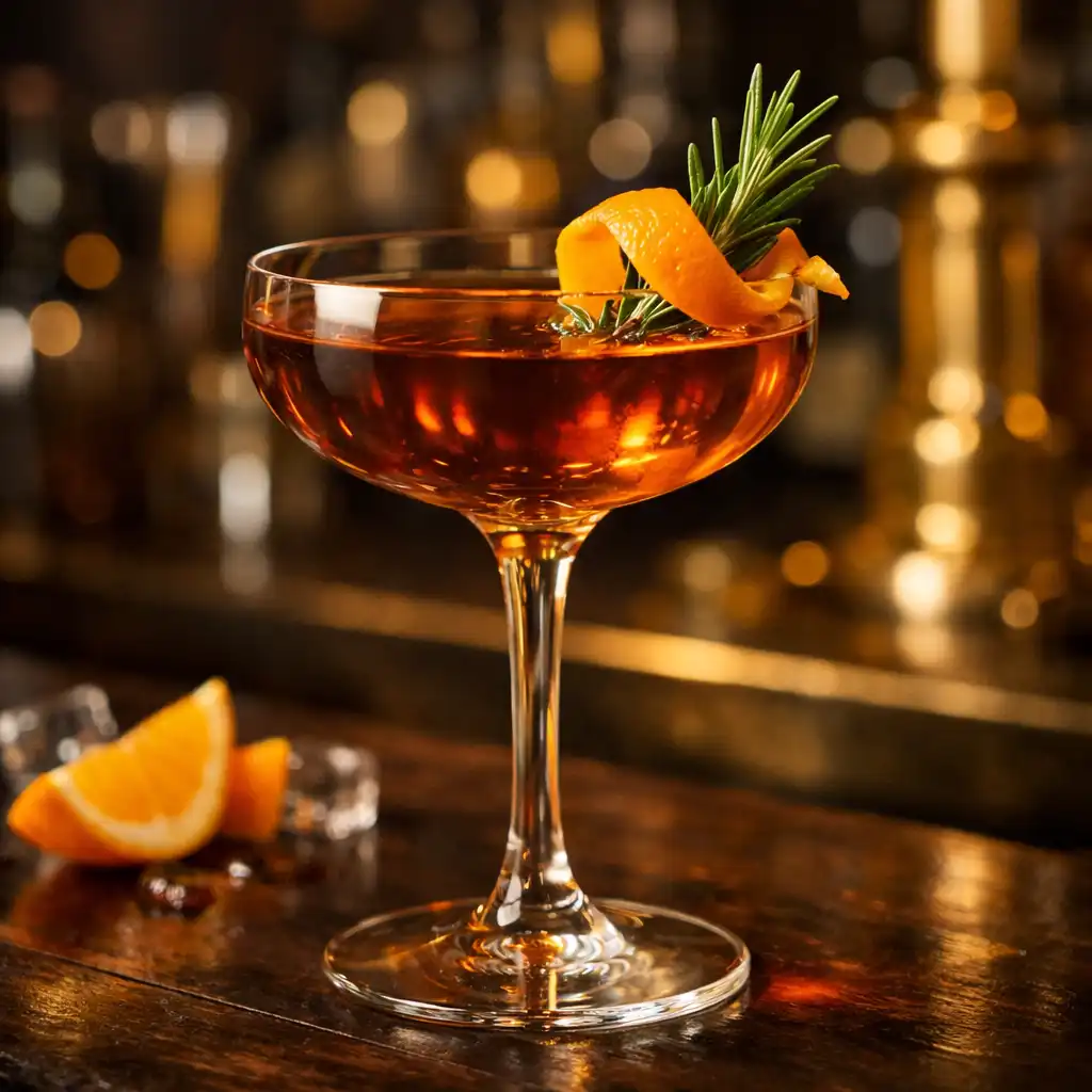 Craft cocktail in a coupe glass, garnished with a twist of citrus and a sprig of rosemary