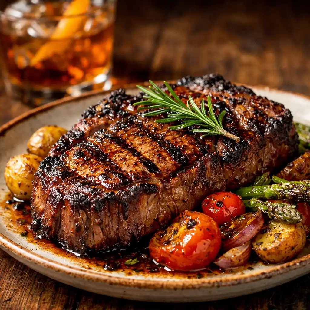 Woodfired steak with roasted vegetables on a ceramic plate