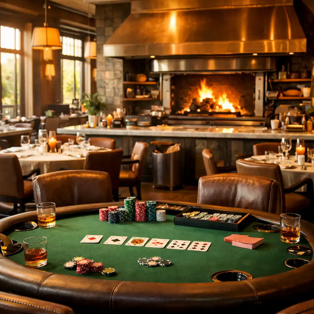 Upscale restaurant interior with a poker table in the foreground and a woodfired grill in the background