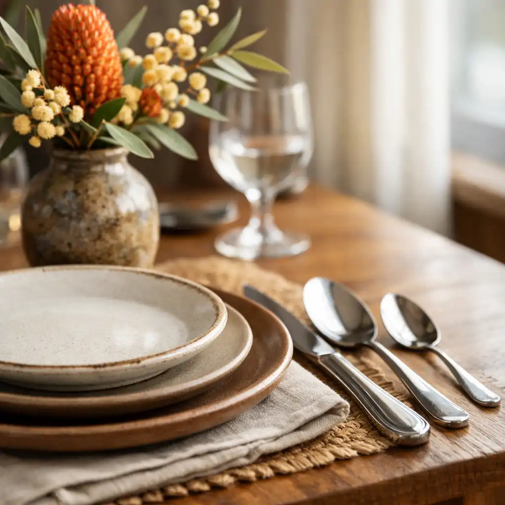 Close-up of a dining table setting with ceramic plates, polished cutlery, and a small vase with native Australian flowers