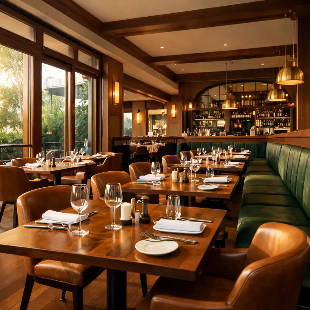 Wide-angle photograph of the Velvetan Dcedar dining room with warm natural light, wooden tables, leather chairs, and brass accents