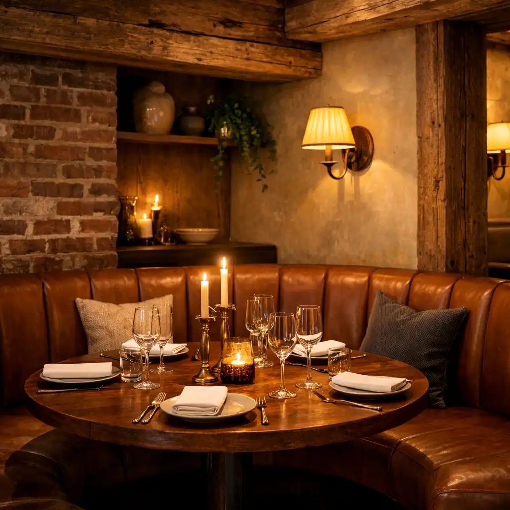 Corner of the dining room with a leather banquette and round wooden table set for dinner