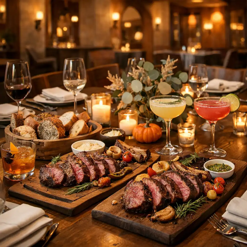 Dining table with woodfired steak platters, artisan bread, and craft cocktails