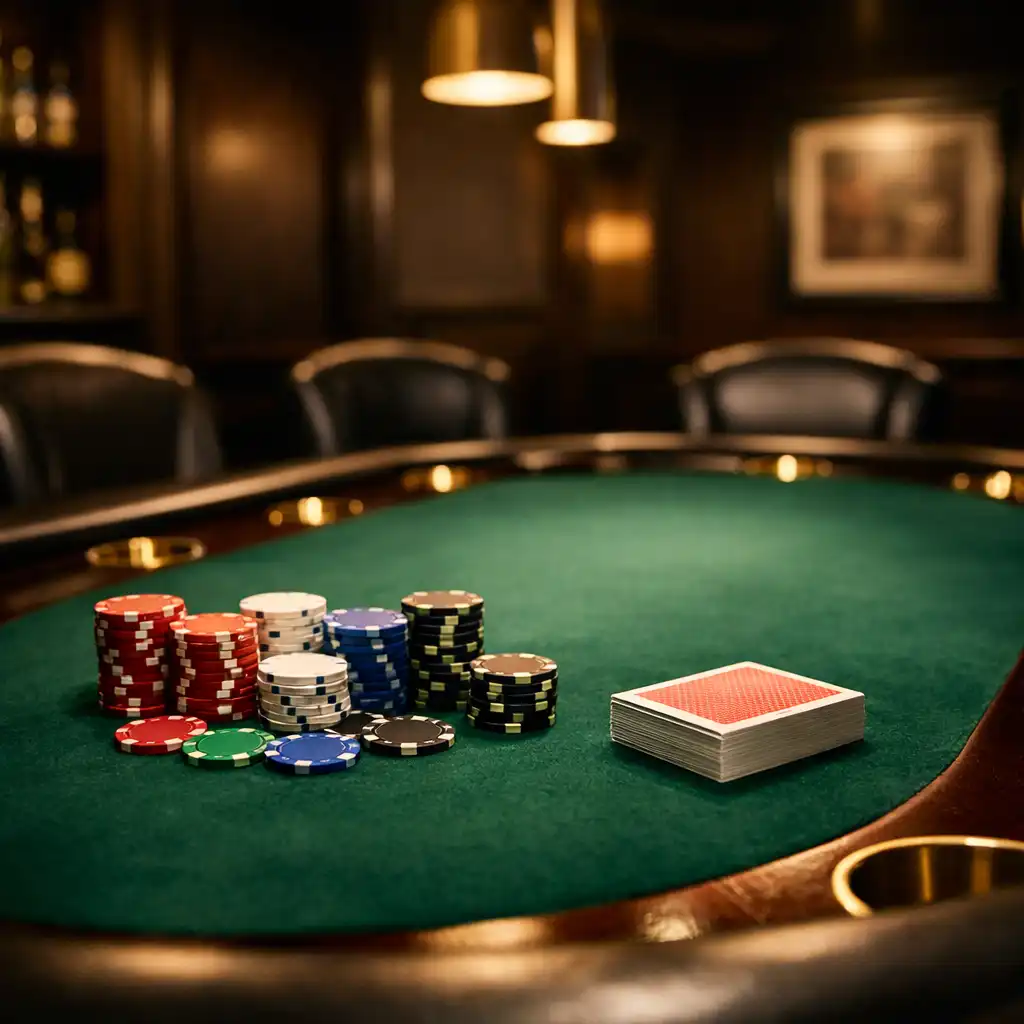Dedicated poker table setup in a private room with green felt and leather chairs