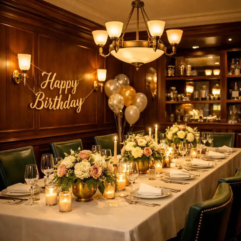 Private event room with elegant table settings, floral centerpieces, and candlelight