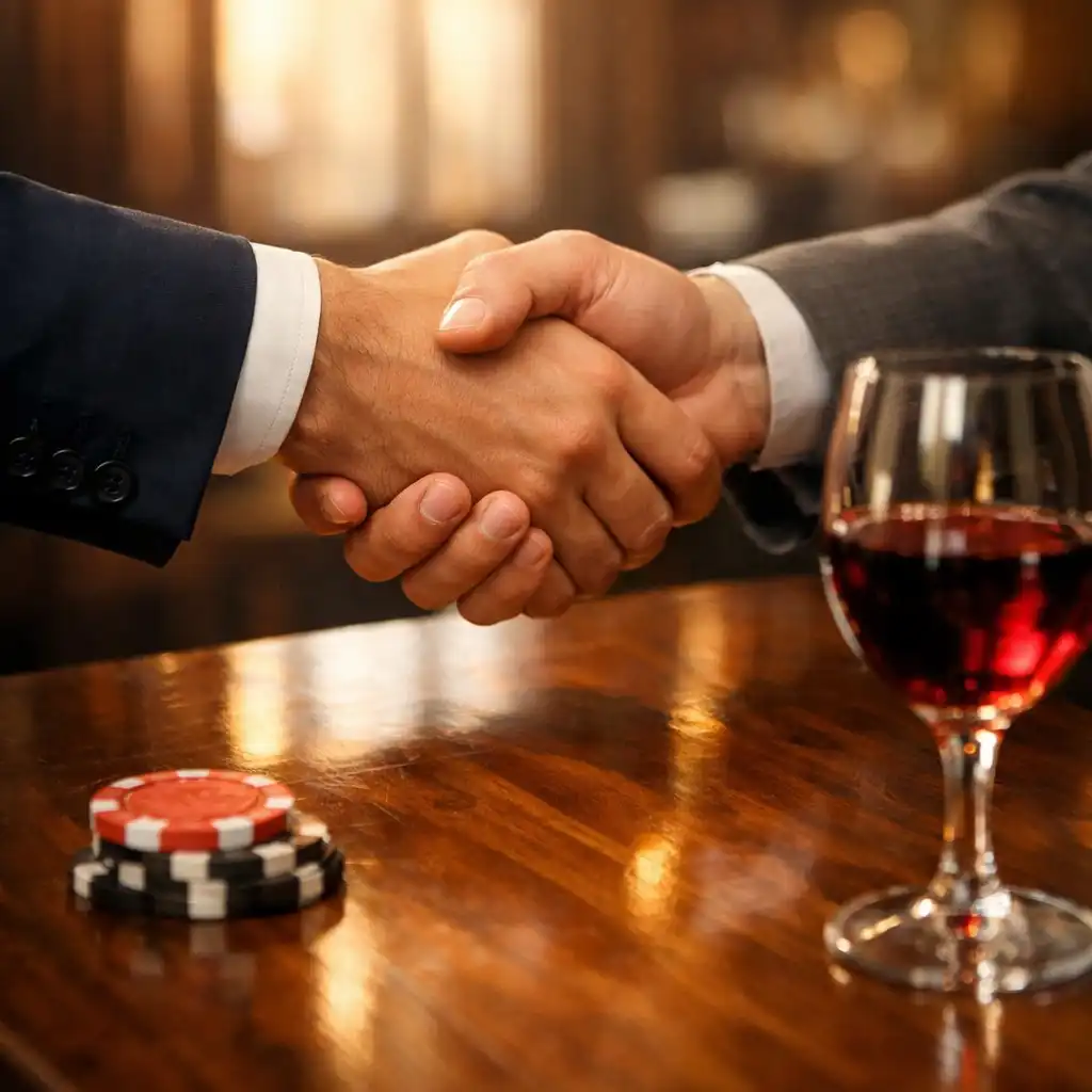 Two hands shaking over a polished timber table with a poker chip and glass of red wine