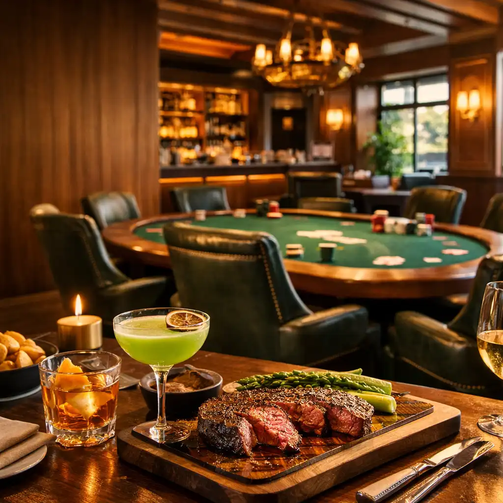 Warm interior of Velvetan Dcedar showing a woodfired steak dinner in the foreground and a dedicated poker lounge with professional felt tables in the background