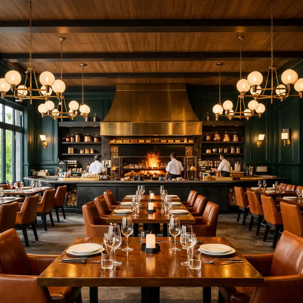Wide-angle view of the main dining room with timber tables, leather chairs, and central open kitchen