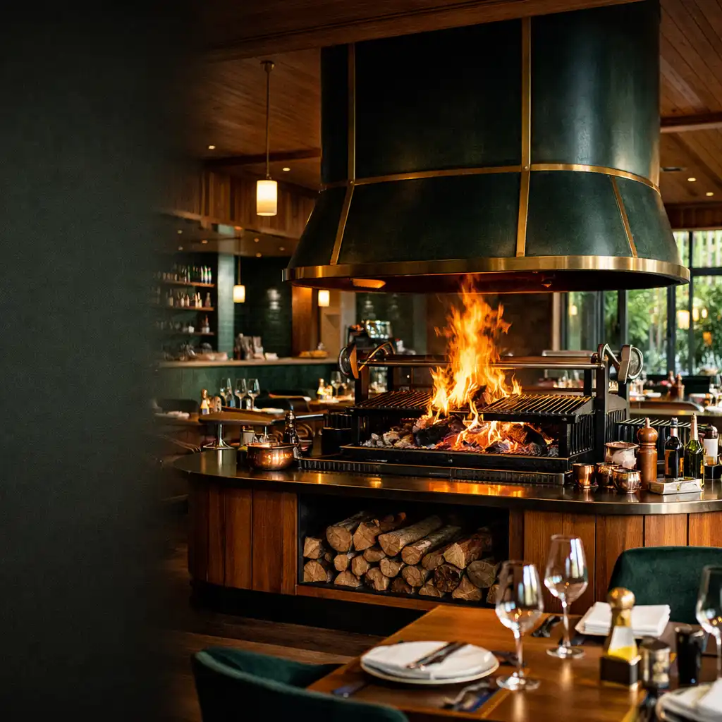 Warm interior of Velvetan Dcedar with a central woodfired grill and elegant dining area