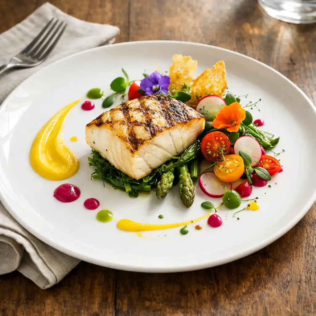Elegant plated dish featuring grilled fish with colorful garnishes and artistic presentation