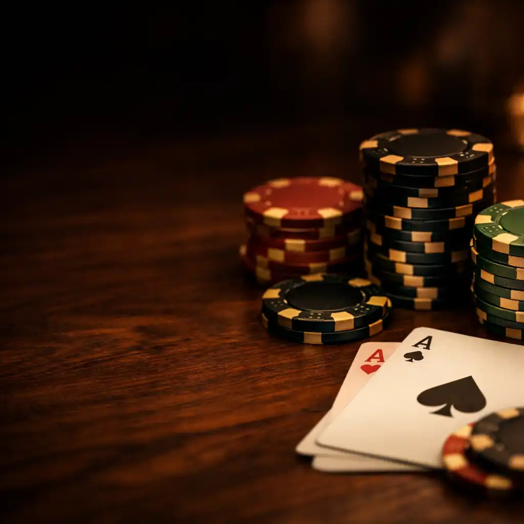 Close-up of premium poker chips and playing cards on a dark walnut table