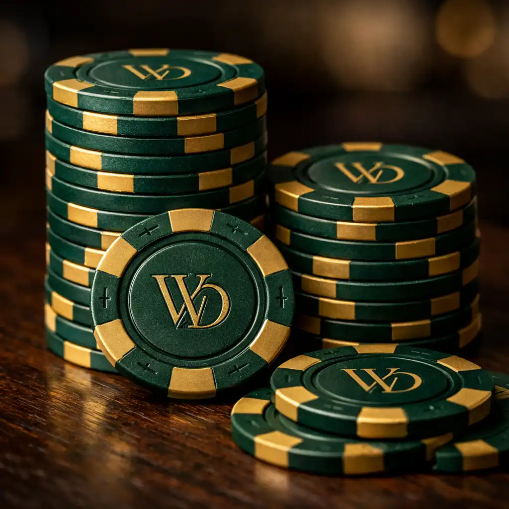 Close-up of high-grade clay composite poker chips in deep green and brass tones on a dark wooden table