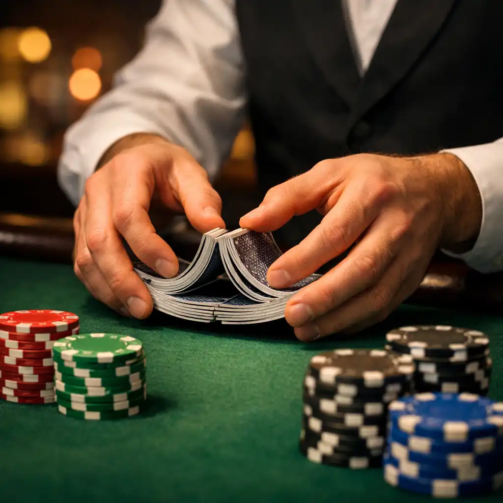 Professional poker dealer's hands shuffling cards at a green felt table with stacked chips
