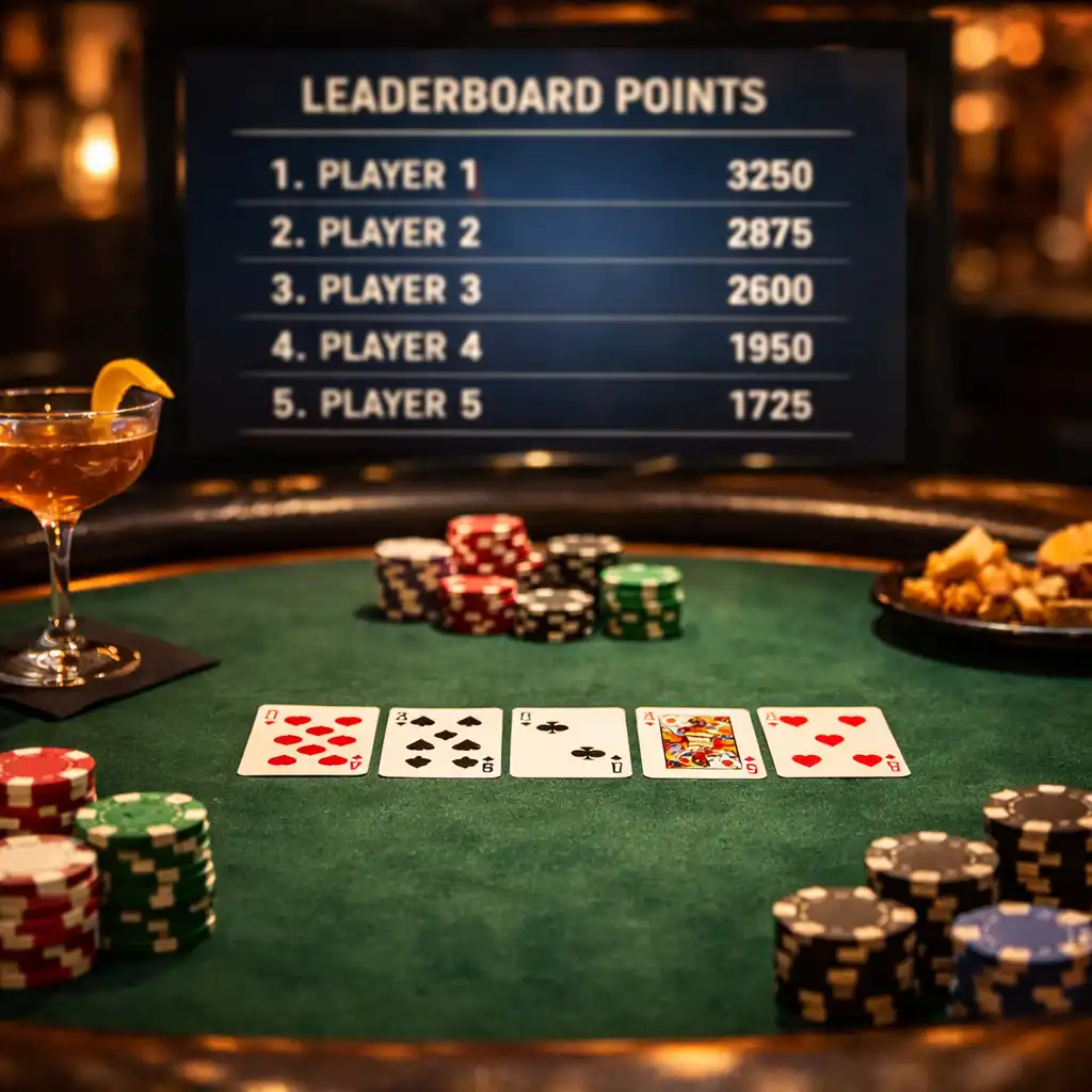 View of a poker table from a player's perspective with chip stacks, a community board screen, and a craft cocktail on the side