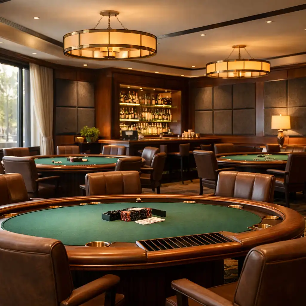 Warm, inviting interior of the Velvetan Dcedar poker lounge with custom wooden tables, brass accents, and soft lighting