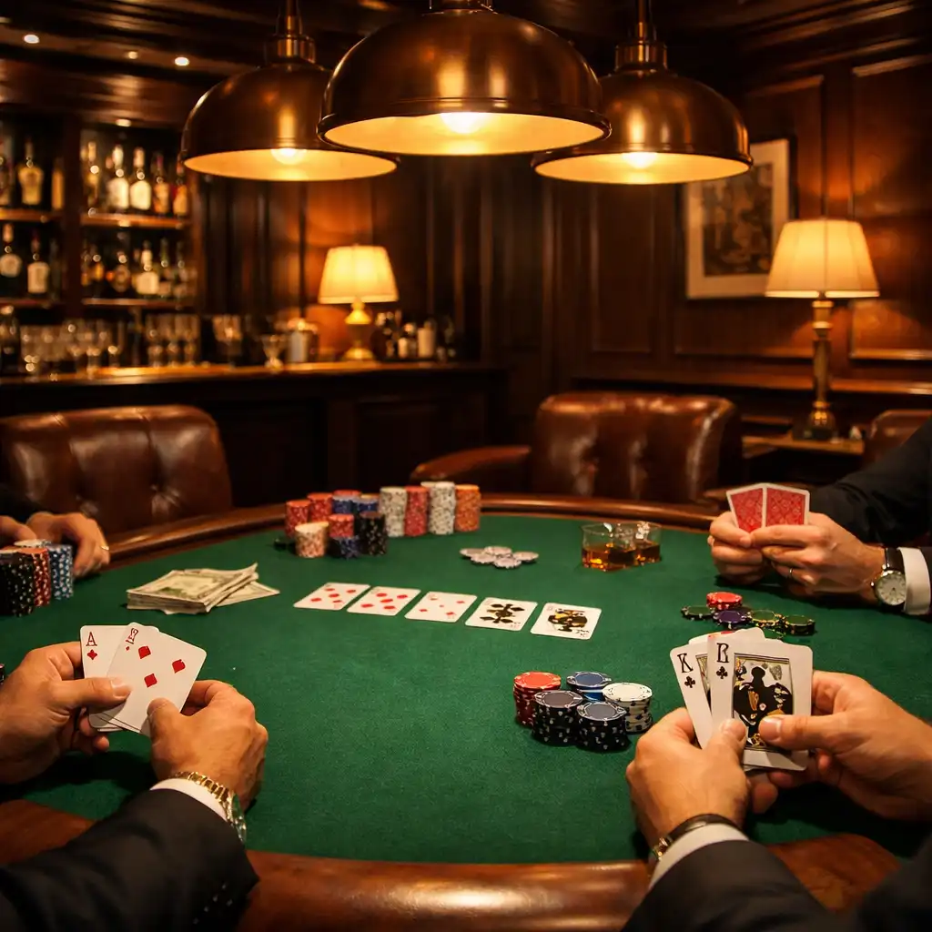 Elegant poker lounge with green felt table, leather chairs, and warm pendant lighting