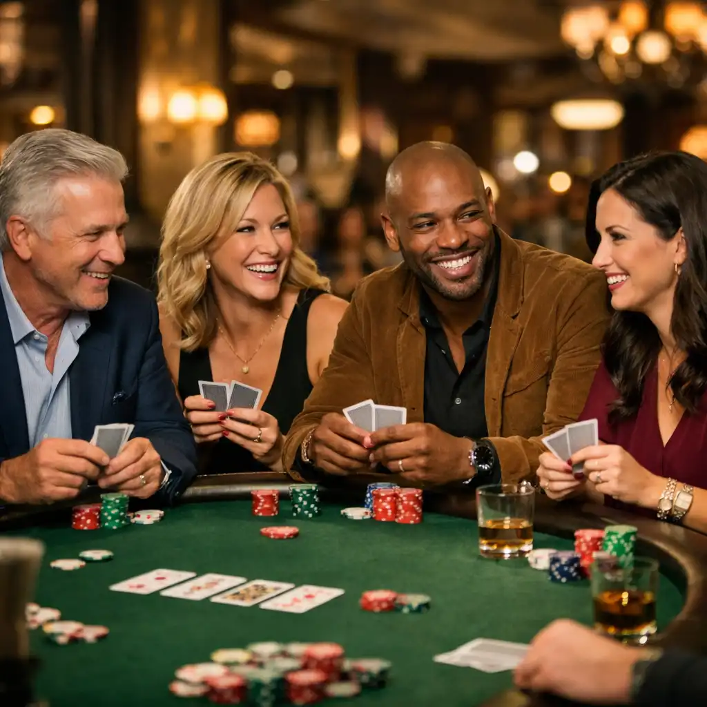 Candid photograph of four adults seated at a poker table, smiling and engaged in a friendly game