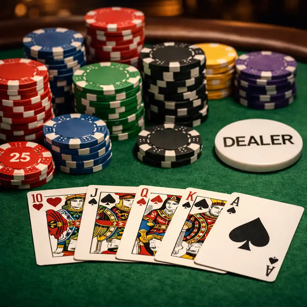 Close-up of a poker table with ceramic chips in various colors, a spread of playing cards, and a dealer button