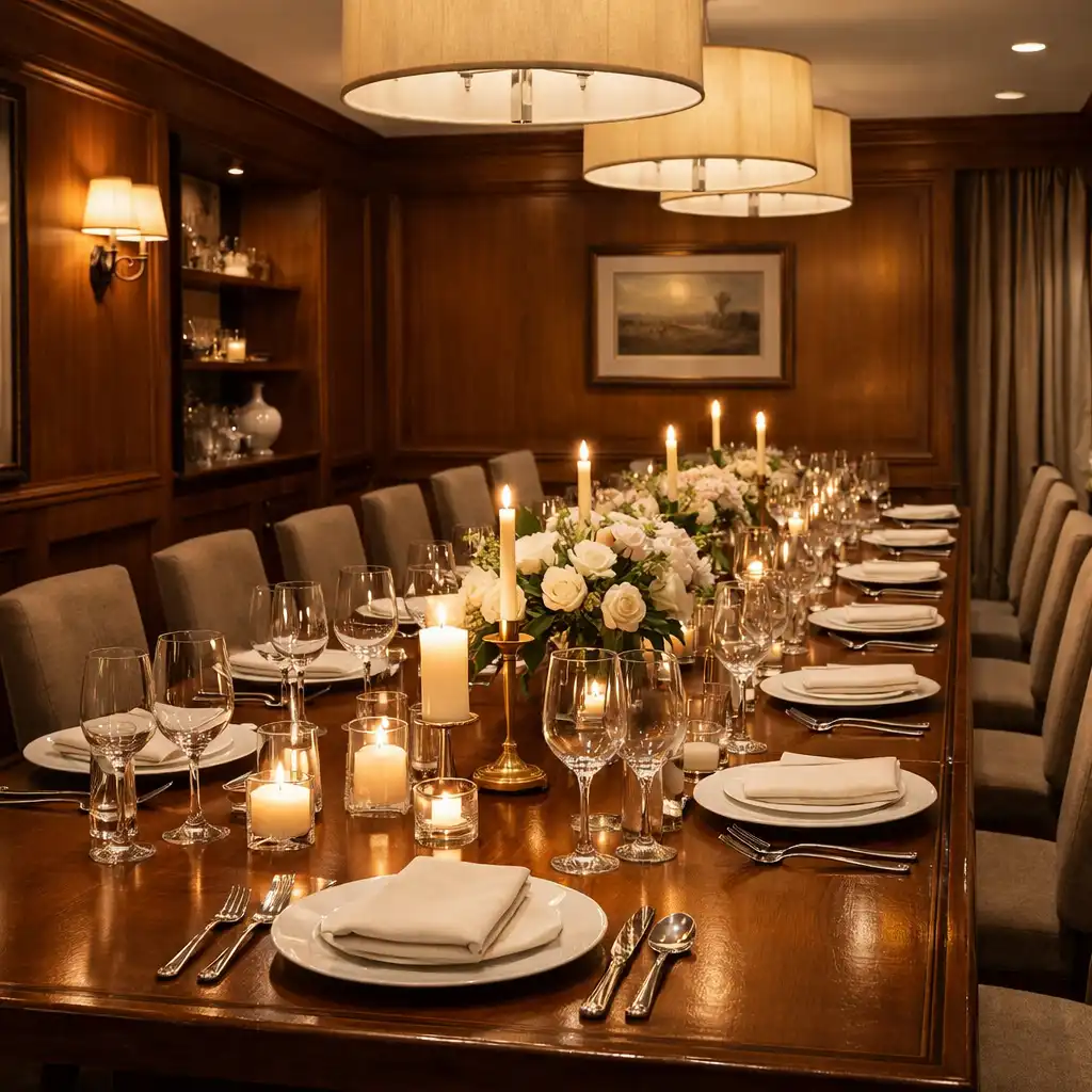 Private dining room set for an event, with a long table, elegant place settings, and candles