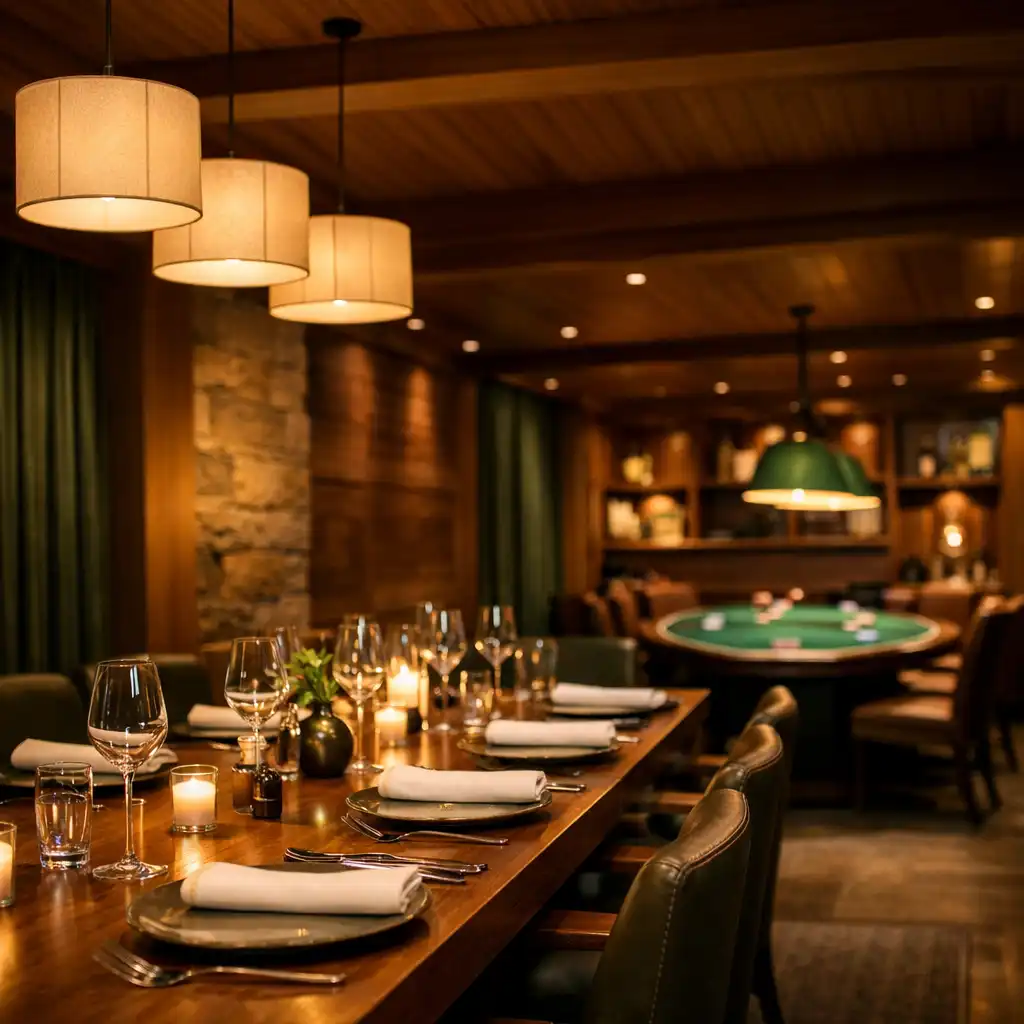 Warm private dining room at Velvetan Dcedar with elegant table settings and ambient lighting