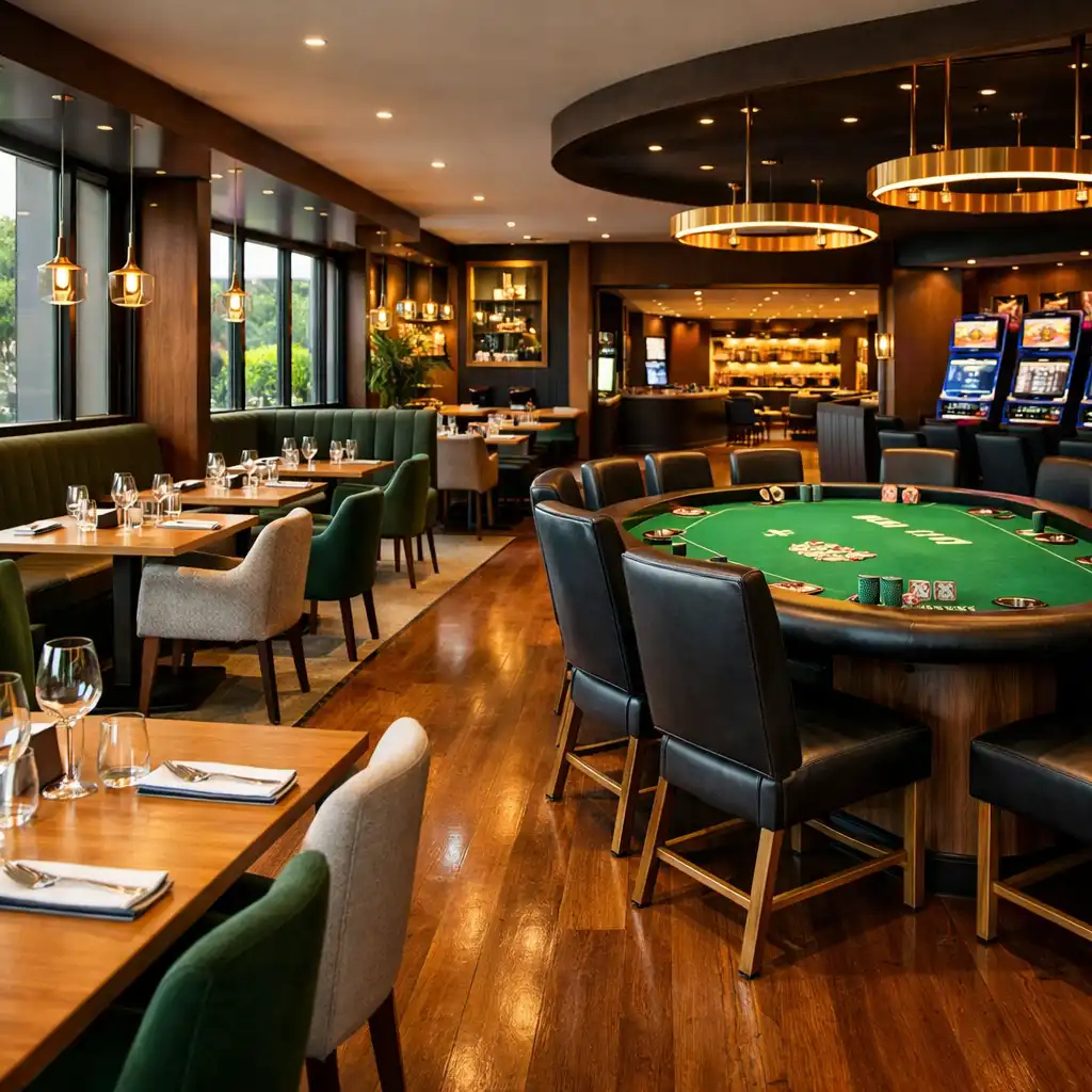 Interior of Velvetan Dcedar showing dining tables and a dedicated poker table in a warm modern space