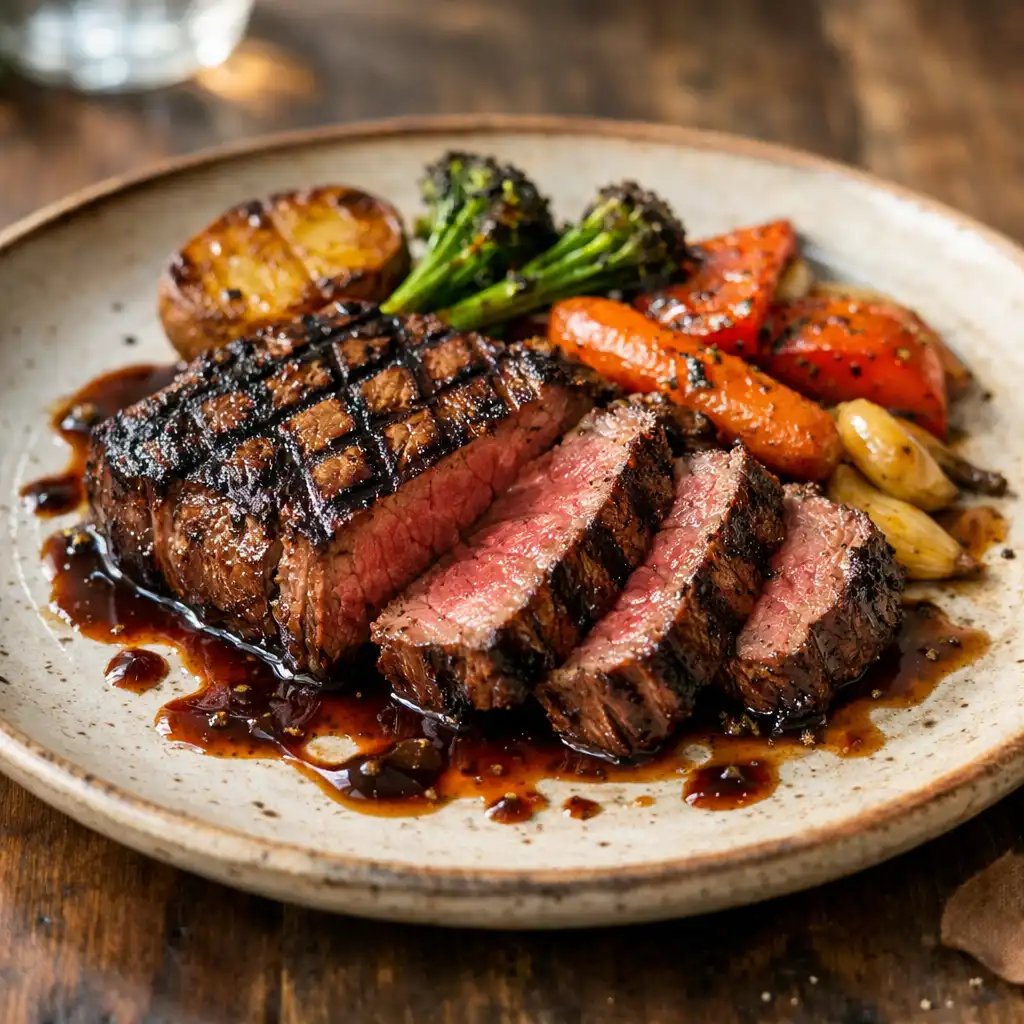 Beautifully plated woodfired steak with grill marks, served with roasted vegetables and a drizzle of sauce