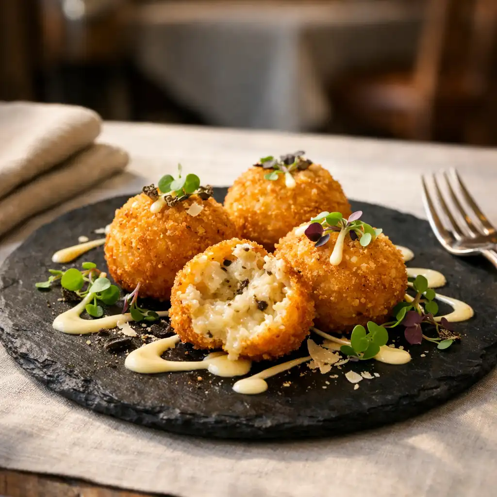 Truffle arancini on a dark slate plate with microgreens and aioli