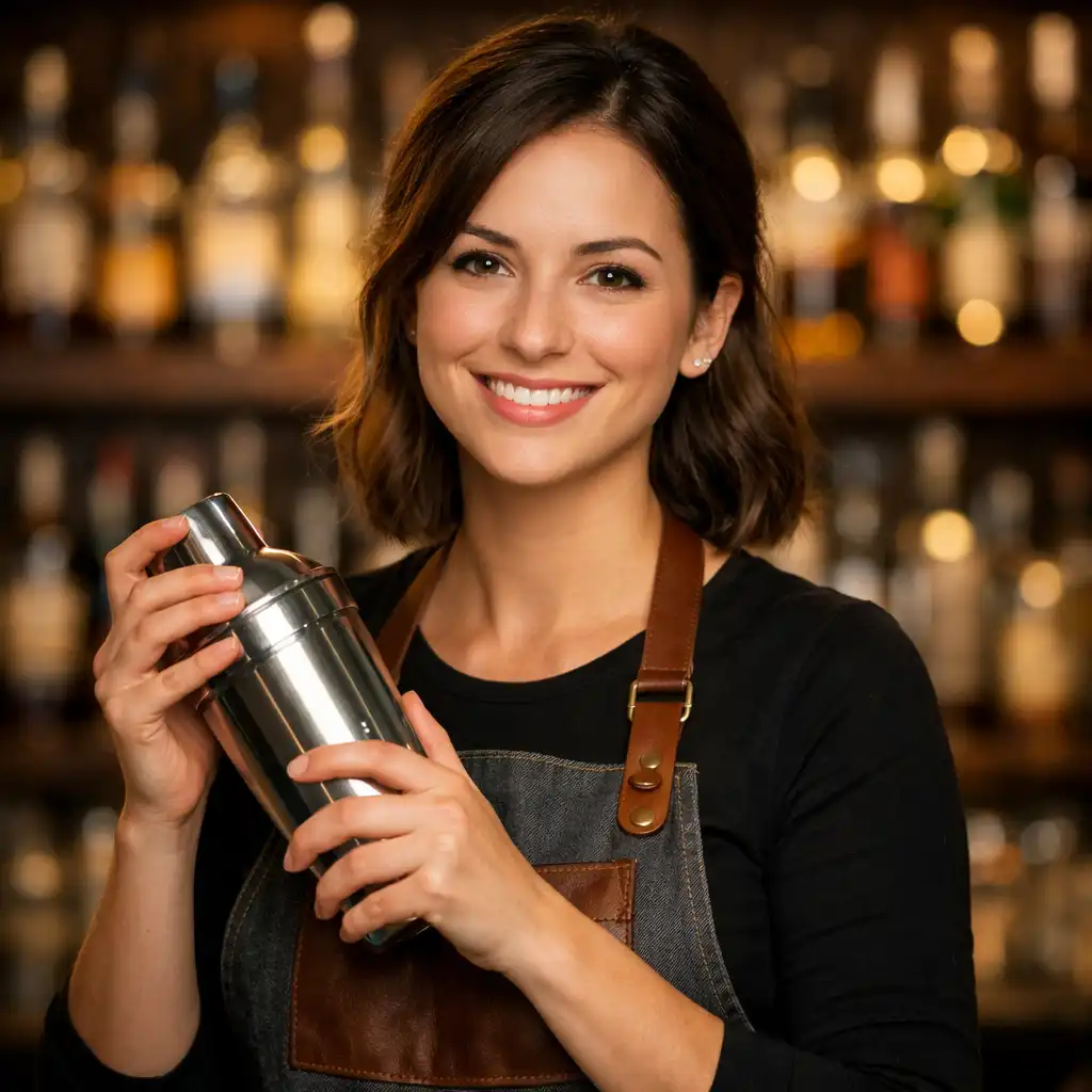 Bar Manager Emily Davis holding a cocktail shaker behind the bar