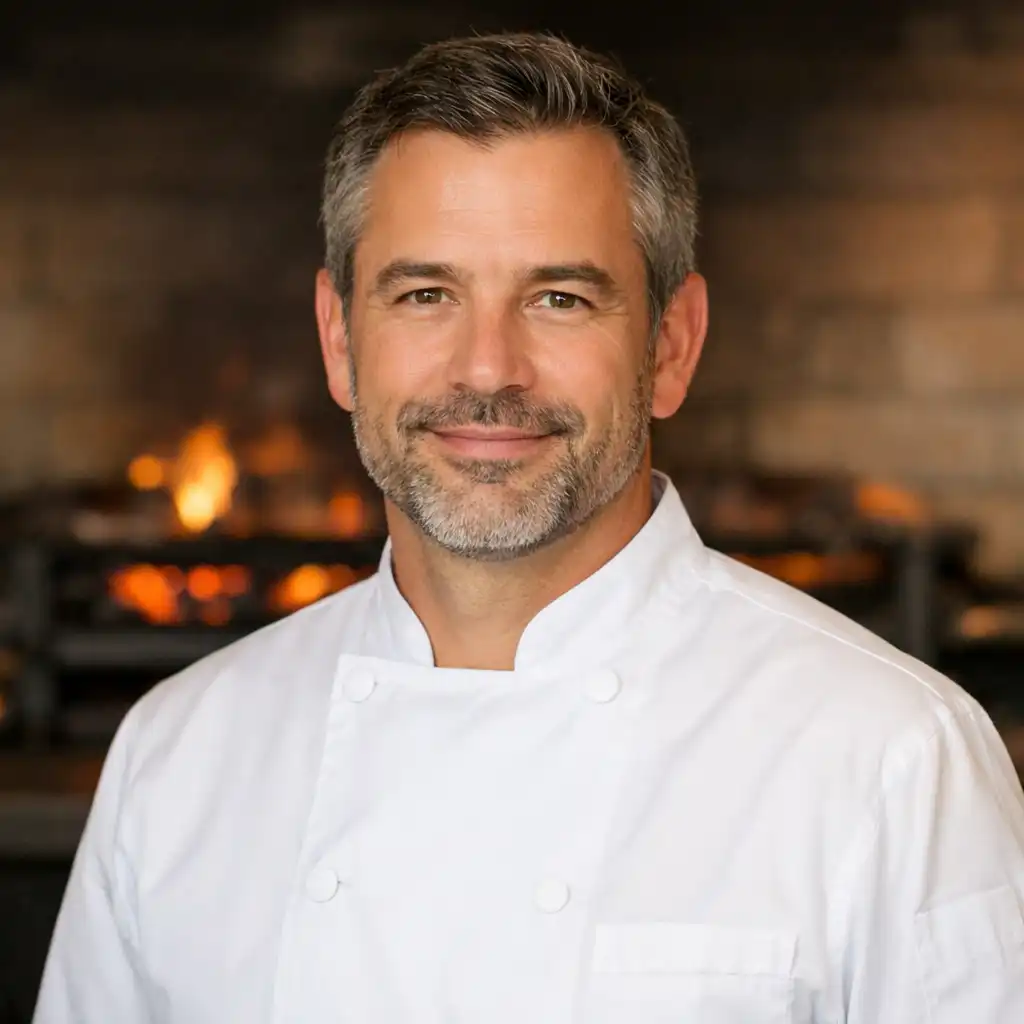 Head Chef Marcus Chen in a white chef's coat standing in the kitchen