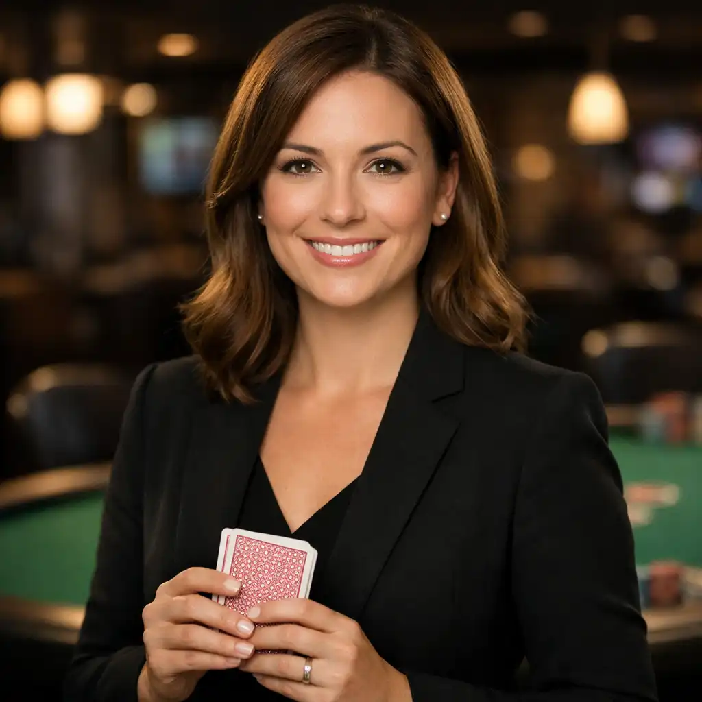 Poker Director Sarah Thompson in a smart blazer holding a deck of cards