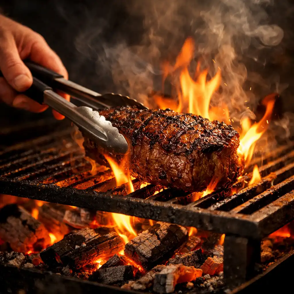Dramatic close-up of a woodfired grill with glowing embers and flames licking a thick steak
