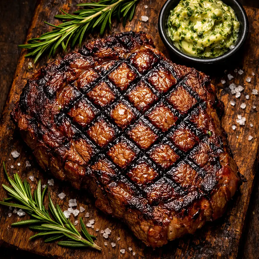 Thick woodfired rib-eye steak with grill marks on a wooden board