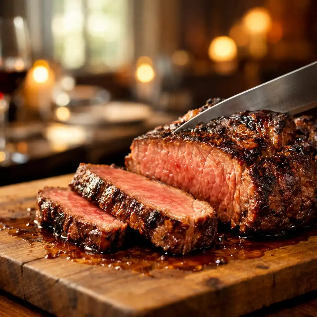 A thick woodfired rib-eye steak being sliced on a wooden board in a warm restaurant setting
